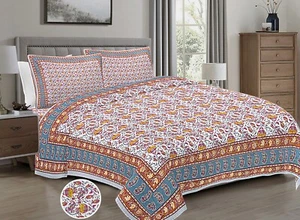 Loom N Bloom Jaipuri Hand Screen Print Cotton 1 Bedsheet 2 Pillowcover "90x108" - Picture 1 of 5