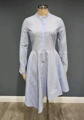 全新无标签 BCBG MAXAZRIA Rayanne 不对称蓝色条纹衬衫连衣裙 XXS — 第 1/4 张图片