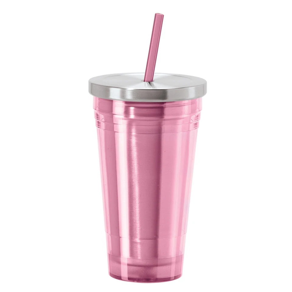 Copo de acrílico rosa de parede dupla com forro de aço inoxidável e canudo - Imagem 1 de 1