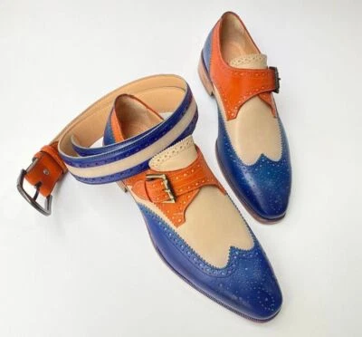 Подлинная мужская кожаная обувь ручной работы, многоцветная обувь с пряжкой, с соответствующим ремнем - Изображение 1 из 4