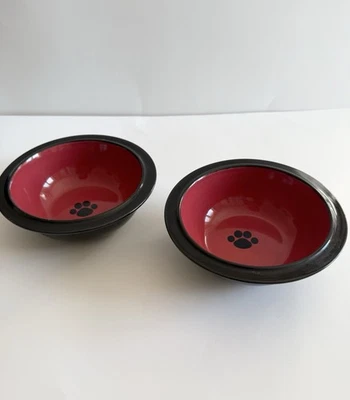PetRageous Designs Metro Paw Print Stoneware Dog Cat Food Dish Red Black - Image 1 of 4