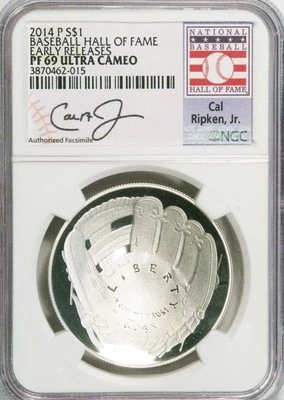 2014-P $1 Baseball Hall of Fame Cal Ripken Jr. NGC PF-69(Proof)UC Early Releases - Image 1 of 2
