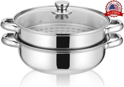 Olla De Vapor Vaporera De Acero Inoxidable De 2 Niveles Con Tapa De Vidrio