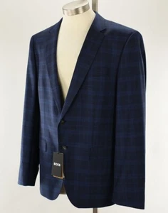HUGO BOSS Blue Navy Plaid H-HUGE Slim Fit Wool Stretch Suit 44 R NWT - Picture 1 of 9