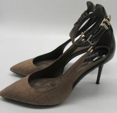 B Brian Atwood 米色皮革蛇纹压花踝带高跟鞋 7.5 码 — 第 1/4 张图片