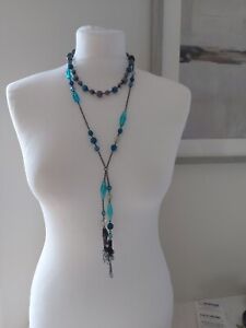 Long Turquoise Tone Beaded Necklace Multistrand Gunmetal Chain Tassel
