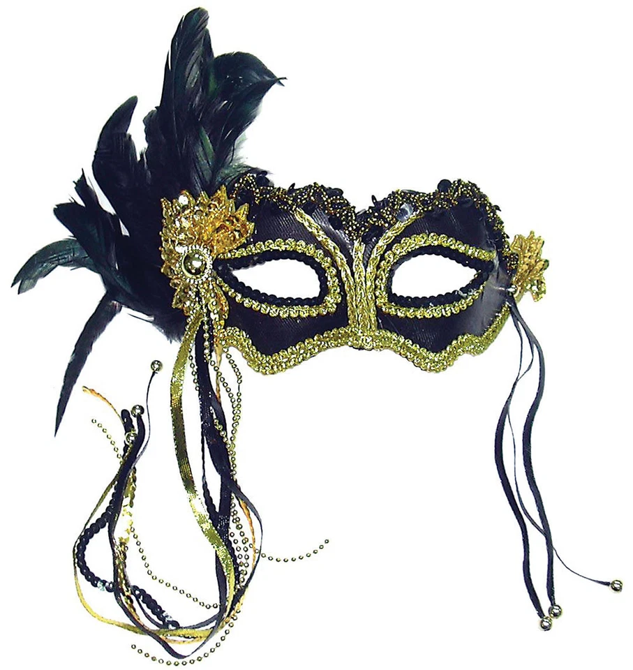Cat Women Black Metallic Feather Mask & Headband Gold Masquerade Ball Venetian - Image 1 of 1