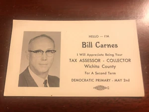 Tarjeta de visita de colección Hello I'm Bill Carnes asesor fiscal del condado de Wichita Texas TX - Imagen 1 de 2