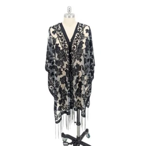 01516 Women's Floral Velvet Mesh Fringed Poncho Black OS bohemian resortwear - Picture 1 of 7