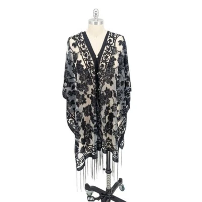 Poncho para mujer 01516 floral de malla de terciopelo con flecos negro OS bohemio ropa de resort Foto 1 de 4