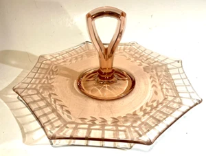 PINK DEPRESSION GLASS ETCHED SANDWICH SERVER WITH OPEN HANDEL - Picture 1 of 5