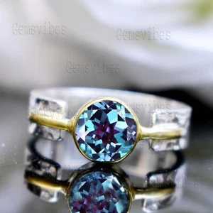 Exquisite Alexandrite Two Tone Ring Handmade Designer Band Sterling Silver Ring - Picture 1 of 7