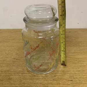 Vintage 1980s Glass Candy Jar Jelly Bean Graphics Storage Container Lidded. 26oz - Picture 1 of 3