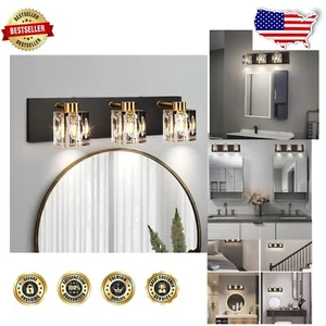 Stylish Indoor Wall Sconce – Modern 3-Light Black & Gold Crystal Vanity Light - Picture 1 of 9