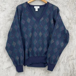 Vintage 90s Tricots St. Raphael Mens L 100% Merino Wool Geometric V-Neck Sweater - Picture 1 of 13