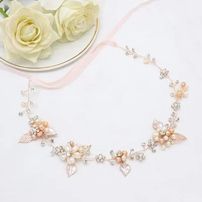  Bridal Crystal Headband with Freshwater Pearls Flower Design Wedding Rose Gold - Image 1 of 4