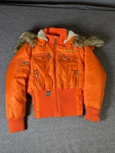 Apple Bottoms Jacket Womens XL Orange Down Faux Fur Hood Puffer Bomber Cropped - Picture 1 of 24