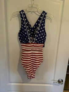 Tempt Me Women’s One Piece Deep V Neck Patriotic Flag Swimsuit large new W tag - Picture 1 of 7