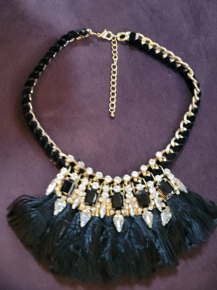 Colar declaração boho preto frisado cristal franja babador gargantilha corrente ouro borla - Imagem 1 de 4