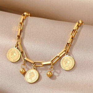 Gold-color Bracelet Fashion Titanium Steel Round Sign Pendant Wide Hand Chain
