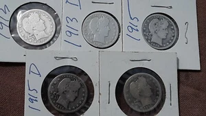 Lot of 5 BARBER QUARTERS - JUNK 90% SILVER - 1913, 1913 D, 1915, 1915 D, 1916 D - Imagen 1 de 4