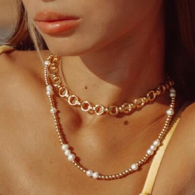 Femme Chaîne Plaqué Or Collier de Perles Blanc D'Eau Douce Imperméable K6239D - Photo 1/4