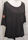 Black Top Red Embroidered Flowers Small Y2K Tunic Flowy Boho Gypsy Diana Belle