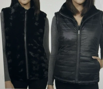 Chaleco Nicole Miller Reversible Felpa Imitación Piel Acolchado Suave Negro Mujer Pequeño Foto 1 de 4
