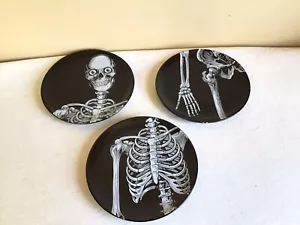 Lot Of 3 Department 56 Halloween Black White Skeleton Round Appetizer Plates - Picture 1 of 10