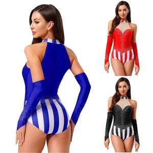 Frauen glänzend Strass Zirkus Ringmaster Cosplay Body Trikot mit Handschuhen - Bild 1 von 51