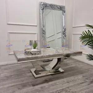 Modern Arial 130cm U Stand Chrome Coffee Table Light Grey Marble for Living Room - Picture 1 of 7