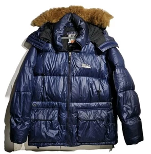 Vintage First Down Navy Blue Puffer Jacket Men's XL Shearling Removable Hood - Picture 1 of 23