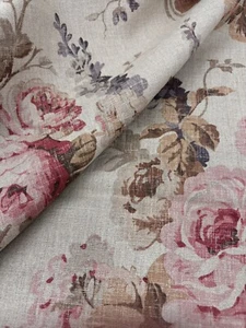 Mulberry Large Floral Linen Print Fabric- Vintage Floral / Antique Rose 2.50 yds - Picture 1 of 4