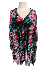JENNIFER LOPEZ Women Dolman Sleeve Flare Size L Floral Sheer V-Neck 281A - Picture 1 of 7
