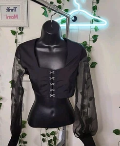 Gothcore Vampire Core Mesh Bubble Sleeve Hook Eye Crop Top SZ LARGE - Bild 1 von 6