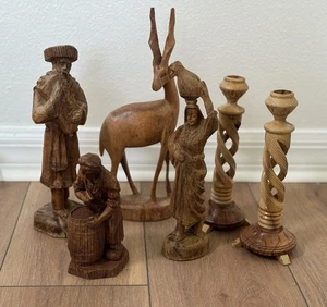 Vintage Wooden Twisted Handmade Candlesticks Hand Carved Sculpture Of Woman LOT - Picture 1 of 16