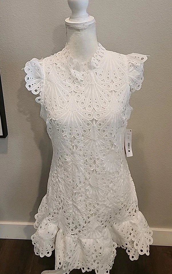 AQUA Floral Lace Mock Neck Mini Dress White SZ Medium