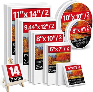 14 Packs Stretched Canvases for Painting, Multi Pack 11X14, 9.44X12, 8X10, 5X7, - Picture 1 of 12