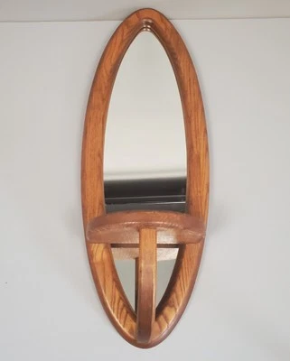 Vtg Mid Century Oval Mirror Wooden Frame w/ Shelf Trinket knick knack MCM 22" - Image 1 of 4