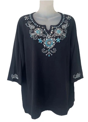 QUACKER FACTORY Black~Simulated Turquoise Necklace~Beading Tunic Sweater~1X~NWT - Image 1 of 4