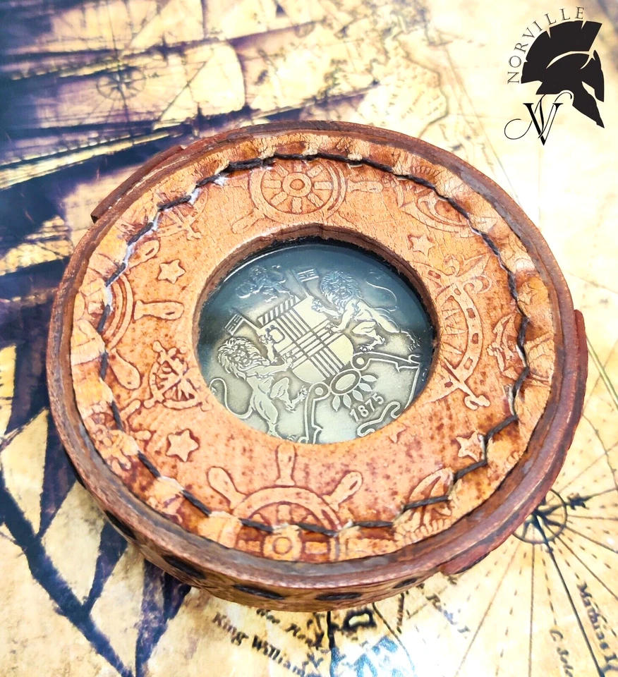 Brújula de latón vintage con estuche de cuero antigua náutica marítima coleccionable Foto 1 de 4