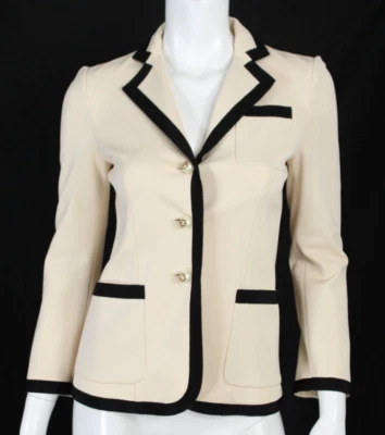GUCCI Beige Tight-Knit Black Grosgrain Trim Logo Pearl Button-Front Jacket XS - Image 1 of 4