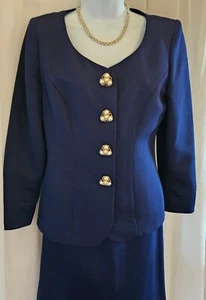 Liz Clairborne Vtg Navy Blue Skirt Suit W Pearl Buttons Church Suit Work Wear - Picture 1 of 12