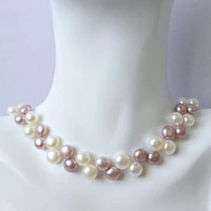 Halsband Perlenkette rosa & weiß creme Süßwasser 16" natürlich 2-lagig flach - Bild 1 von 8