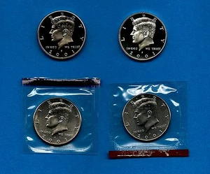2001 P D S S BU Clad and Silver Proof Kennedy Half Dollar Set-PD in Mint Cellos - Picture 1 of 1