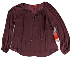 JENNIFER LOPEZ JLo LACE UP Romantic PEASANT TOP WOMENS Petite Small Burgundy NEW - Picture 1 of 9