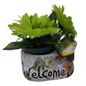 Frog Ceramic Planter Clay Toad Plants Pot Cachepot Green Gray With Flowers - Picture 1 of 3
