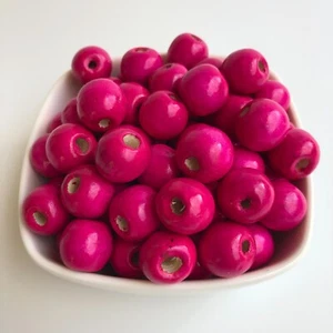 25X Hot Pink Wooden Beads 16x15mm Round Craft Macrame Wood Bead 4mm Hole - Picture 1 of 6