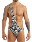Mens Sexy Zebra Striped One Shoulder Jumpsuit Bodysuit Singlet Mankini Swimwear 