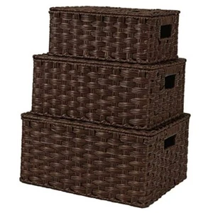 Wicker Baskets with Lids, Set of 3 Decorative Storage Boxes, Woven Brown - Picture 1 of 7